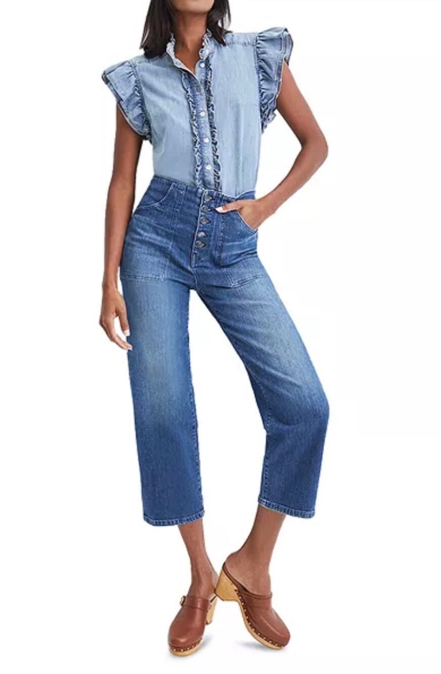 Veronica Beard Crosbie High Rise Cropped Wide Leg Jeans sz 29 Button Fly boho
